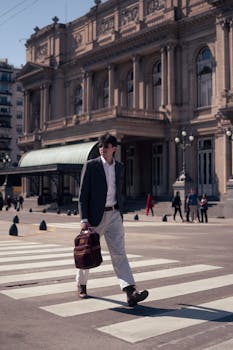 Young man with sunglasses crossing street near historic theater in Buenos Aires.