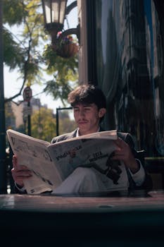 A fashionable young man reads a newspaper outdoors in Buenos Aires on a sunny day.
