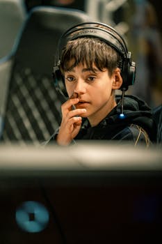 A teenage boy with headphones focused intensely on a computer screen indoors.