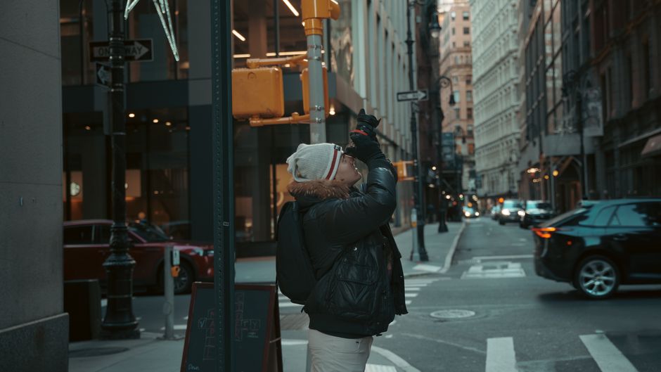 NYC pedestrians looking camera