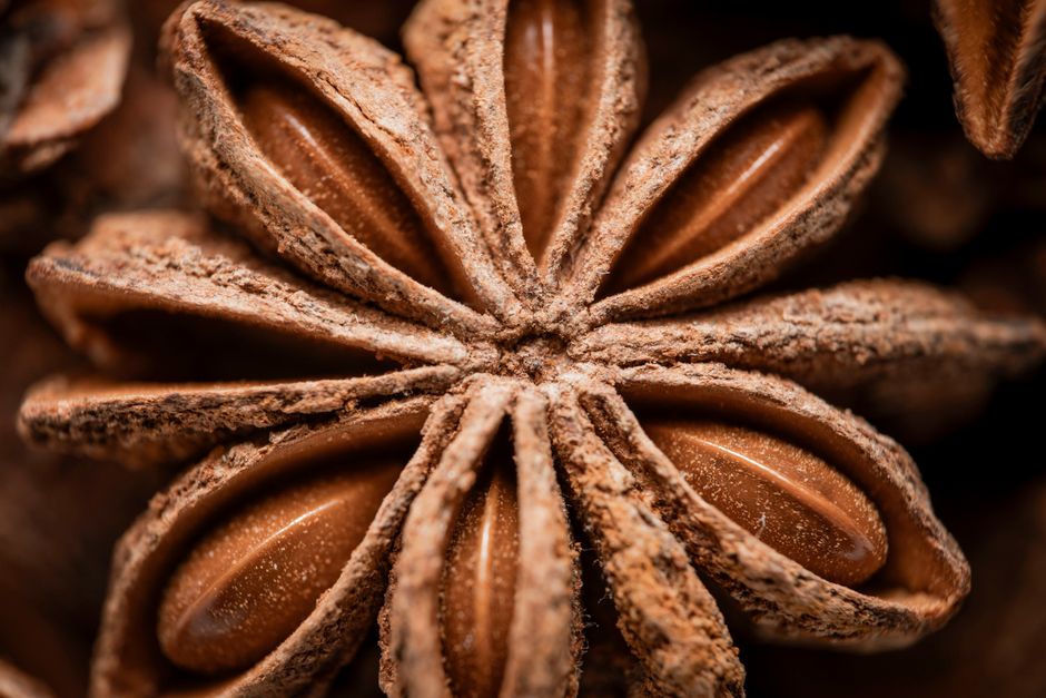 Fotomural Fotografía macro que captura la especia de anís estrellado con intrincados detalles, mostrando su textura.