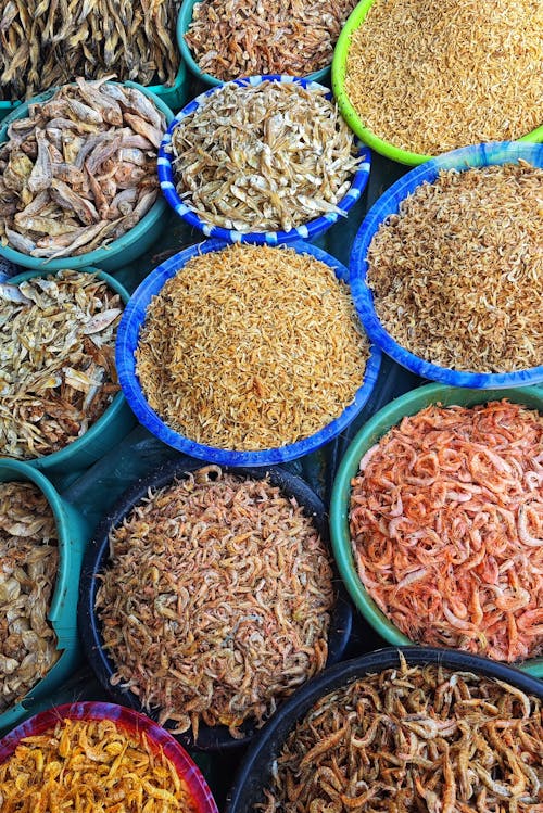 Free Colorful assortment of dried seafood in Digha, West Bengal market showcasing local fishing culture and culinary diversity. Stock Photo