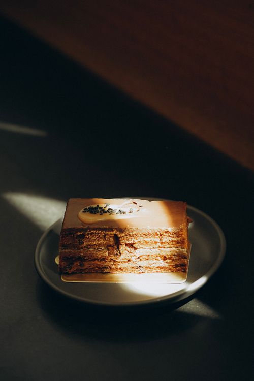 Free Elegant chocolate pastry illuminated by soft natural light on a dark background. Stock Photo