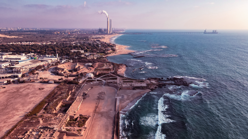 Free Breathtaking aerial shot of Caesarea's ancient ruins along the Mediterranean coast, Israel. Stock Photo