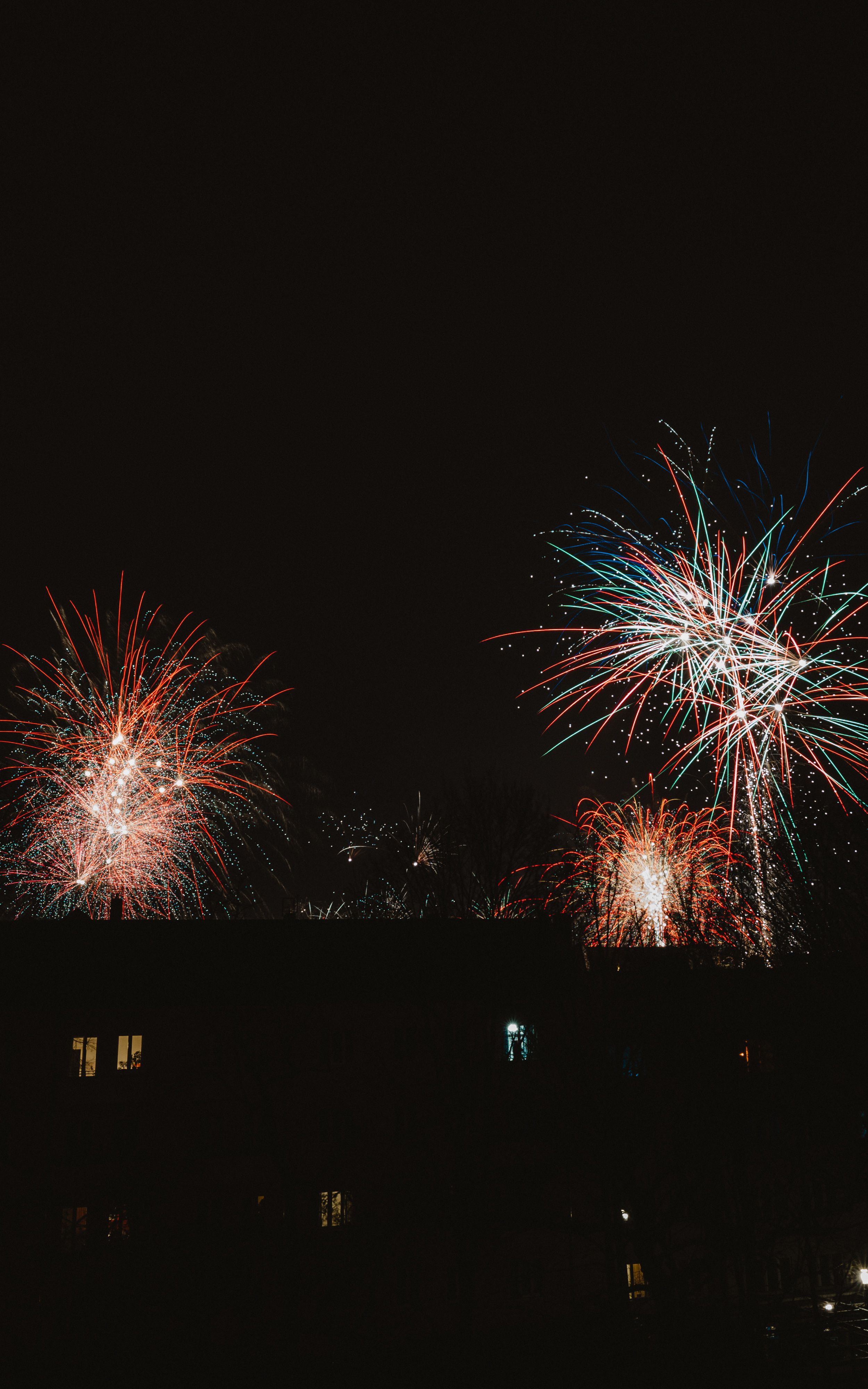 Vibrant fireworks light up the night sky over Berlin, creating a stunning visual spectacle.