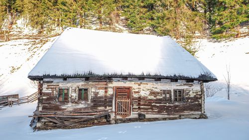 Free Rustic wooden cabin blanketed in snow amidst a serene winter forest in Grădiștea, Ilfov County, Romania. Stock Photo