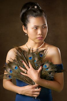 一位身穿蓝色服装、手持孔雀羽毛的女子，在棕色背景下摆出精致的肖像姿势