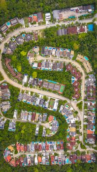 Vibrant aerial view of a residential neighborhood surrounded by dense green forest.