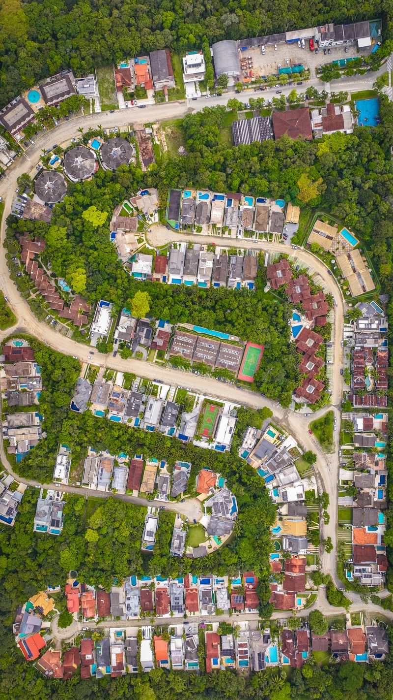 Vibrant aerial view of a residential neighborhood surrounded by dense green forest — illustrative image