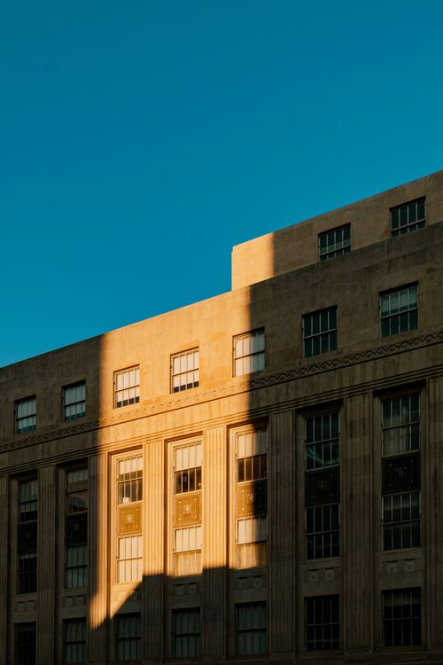 Free Art Deco architecture in Mississippi with dramatic sunlight and shadows. Stock Photo