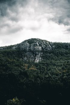 Moody scenic view of a rocky mountain with lush forest beneath a cloudy sky.