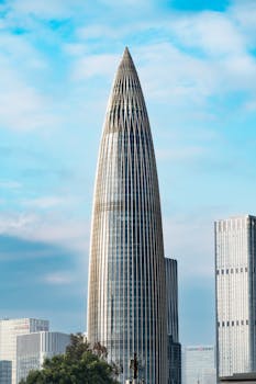 Modern skyscraper building against a clear blue sky, showcasing urban architecture.