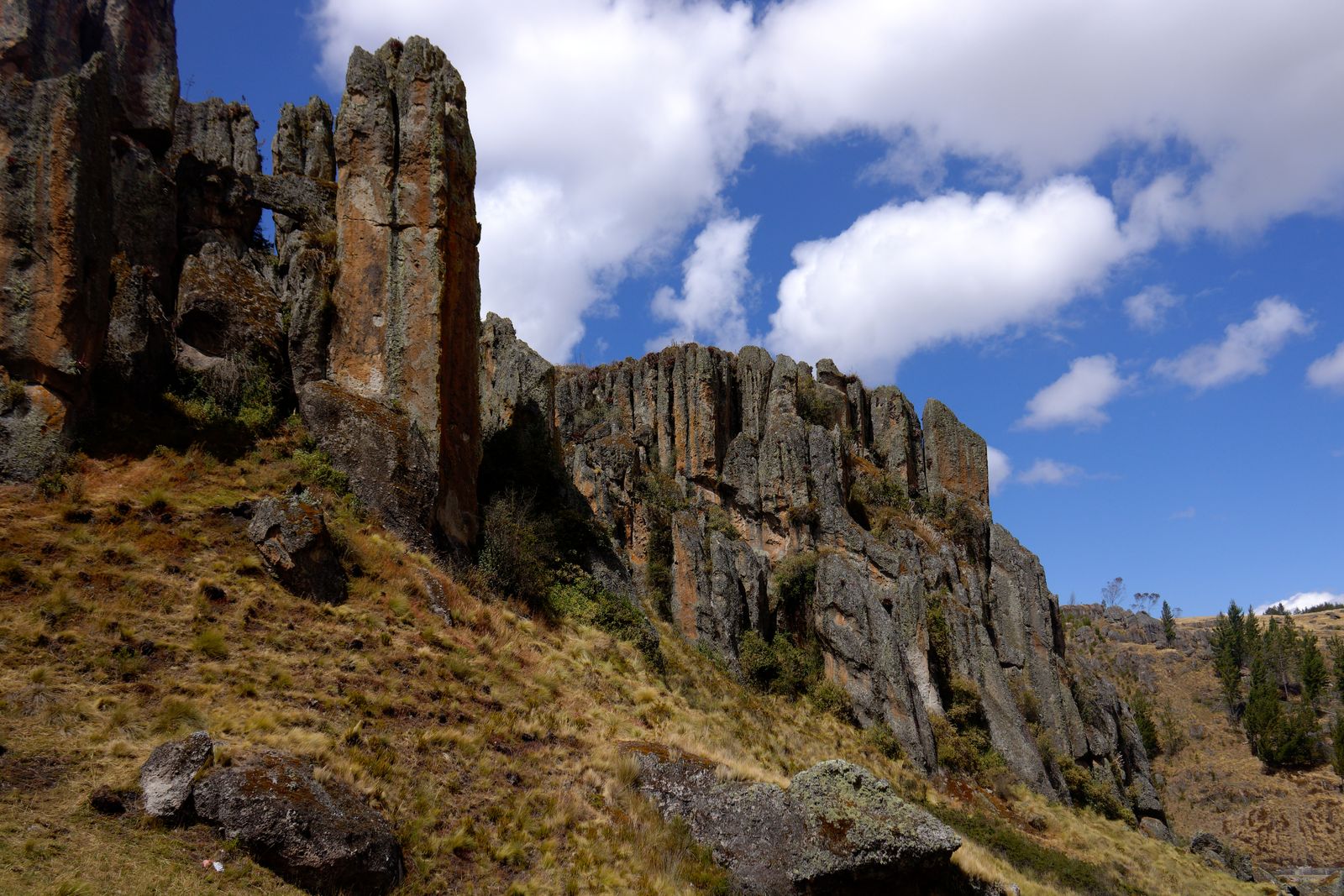 Formaciones de roca volcánica altas y agrietadas sobre una ladera de pasto, bajo un cielo azul con nubes