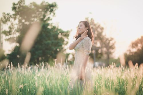 Free Asian woman enjoying a serene summer day in a sunlit grassy field, embracing tranquility. Stock Photo