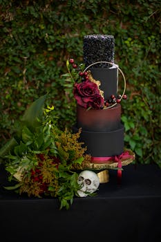 这款三层婚礼蛋糕色泽深暗、造型艺术，搭配玫瑰与绿叶，非常适合哥特式主题