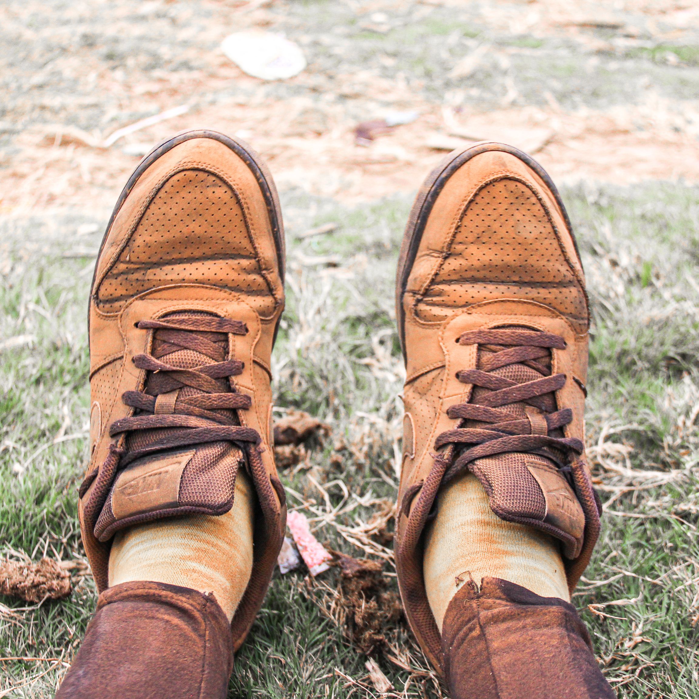Pair of worn brown leather shoes resting on grass with earthy tones.