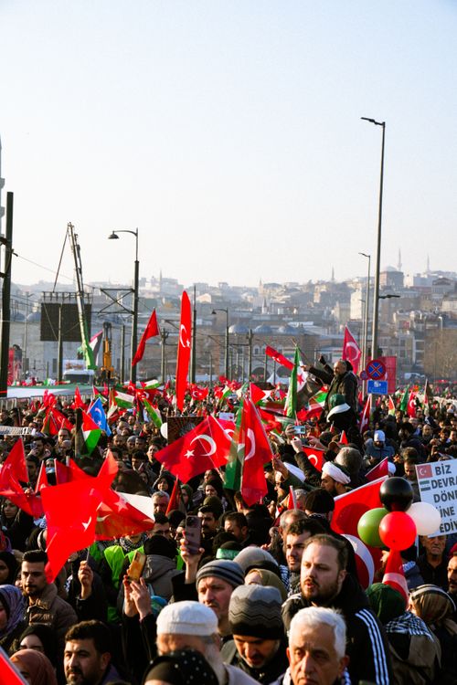 Free A large crowd gathers outdoors waving national flags and holding signs during a daytime event. Stock Photo