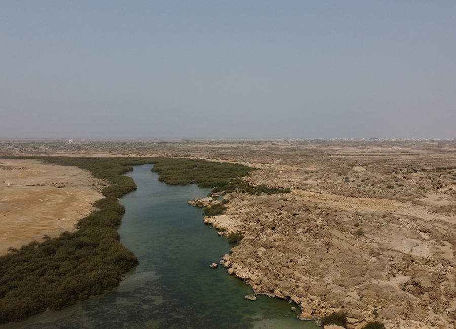 Aerial depiction of Al Wajh Lagoon where arid desert landscapes meet clear water channels.