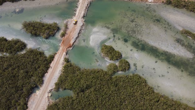 Aerial shot of a coastal road surrounded by mangrove forest and turquoise waters.