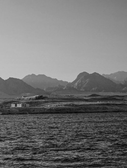 Free Black and white view of the rugged mountains and coastline in South Sinai, Egypt. Stock Photo