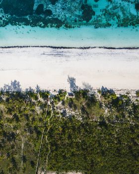 Stunning aerial view capturing Zanzibar's turquoise waters, white sand, and lush palms.