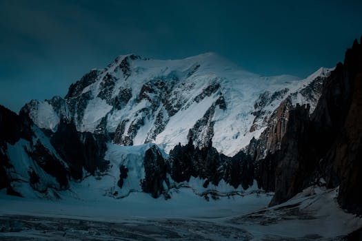 Stunning view of Mont Blanc with snow-covered peaks in Haute-Savoie, France during twilight.