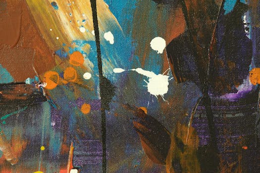 动态抽象绘画以大胆的色彩和富有表现力的笔触在画布上呈现