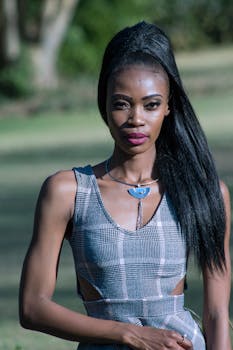 一位穿着格子连衣裙的时尚女性在户外摆姿势的肖像