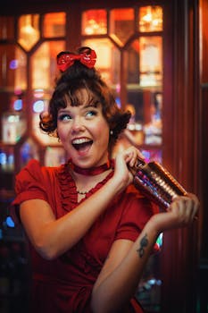 Cheerful woman in red dress joyfully shakes cocktail shaker in festive setting, capturing lively holiday spirit.