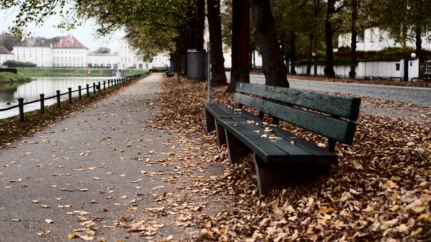 Serene autumn scene featuring a bench and fallen leaves along the tranquil pathway of Nymphenburg Palace park in Munich.