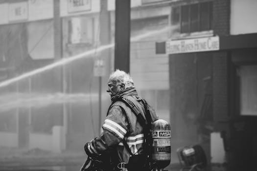 Photo by Kevin Bidwell Heroic firefighter in protective gear managing a city fire, showcasing bravery and resilience.