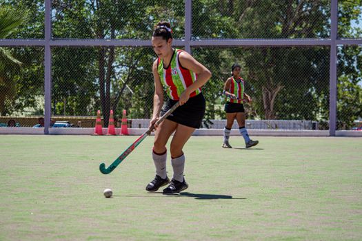 Two female field hockey players in action on a sunny outdoor field.