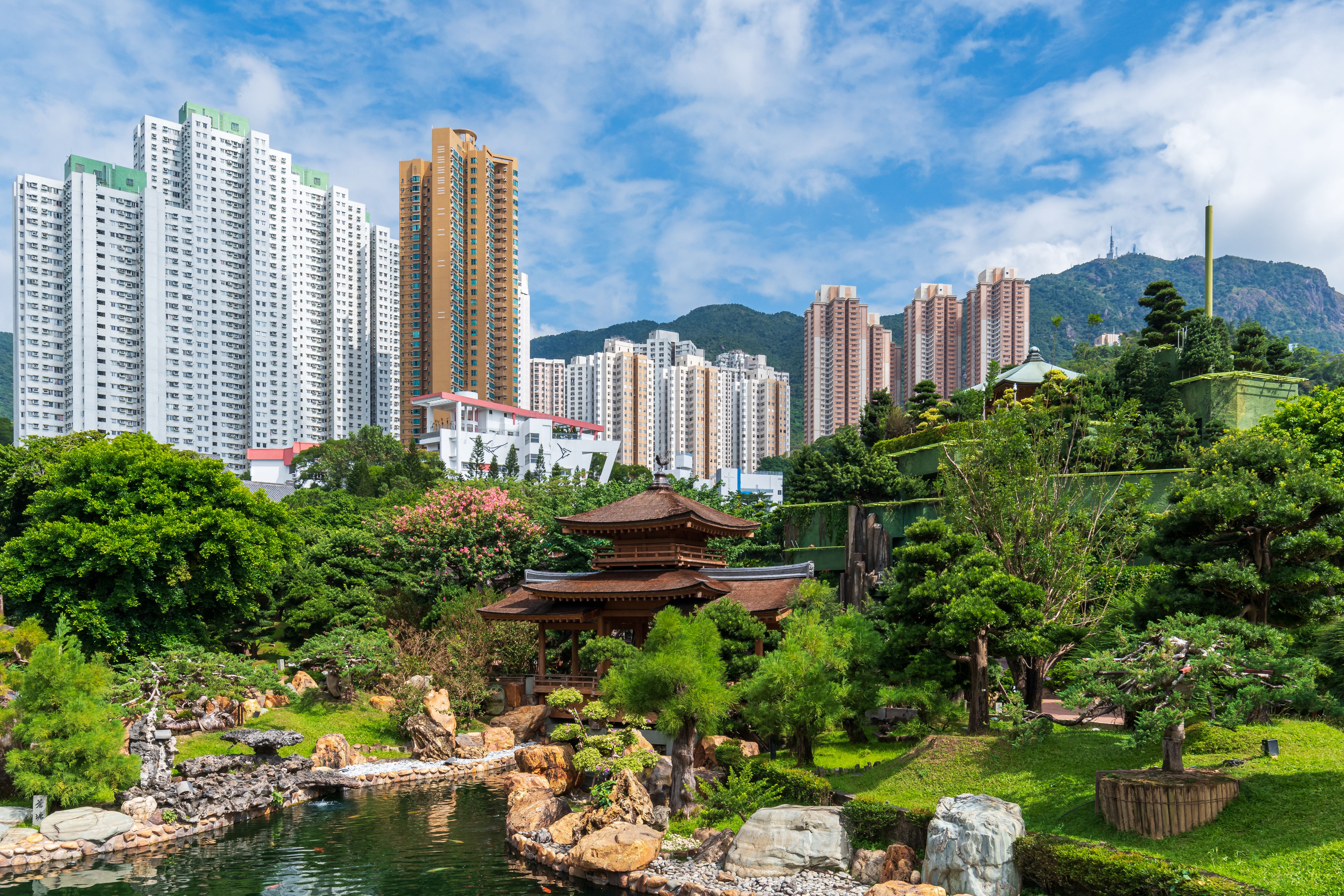 A traditional garden contrasts with modern skyscrapers in Hong Kong's vibrant cityscape.