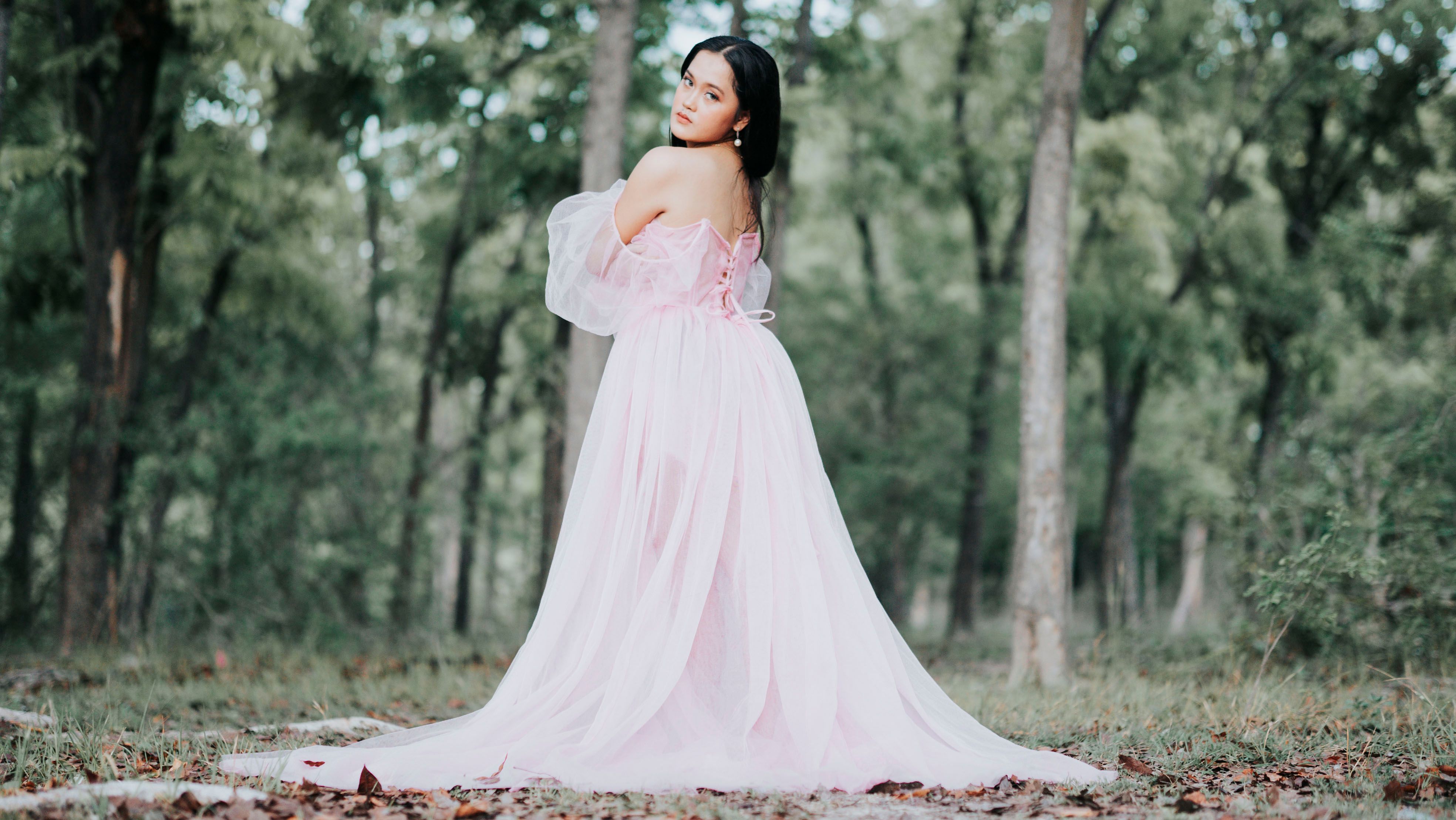 Elegant Woman in a Pink Dress in Forest · Free Stock Photo