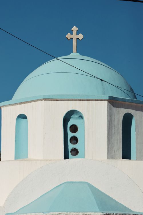 Free Iconic blue dome of an Orthodox church in Naxos, Greece against clear sky. Stock Photo