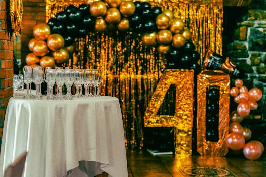 Chic 40th birthday party setting with champagne flutes, balloons, and gold glitter backdrop.