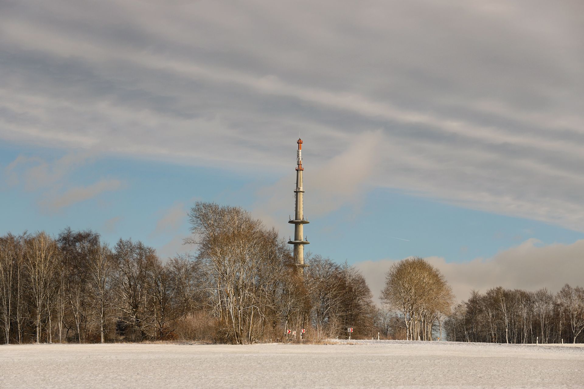 A serene winter landscape featuring a tall transmission tower surrounded by bare trees under a cloudy sky.