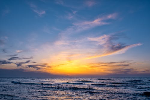 Free stock photo of beautiful sunset, blue sea, dramatic sky
