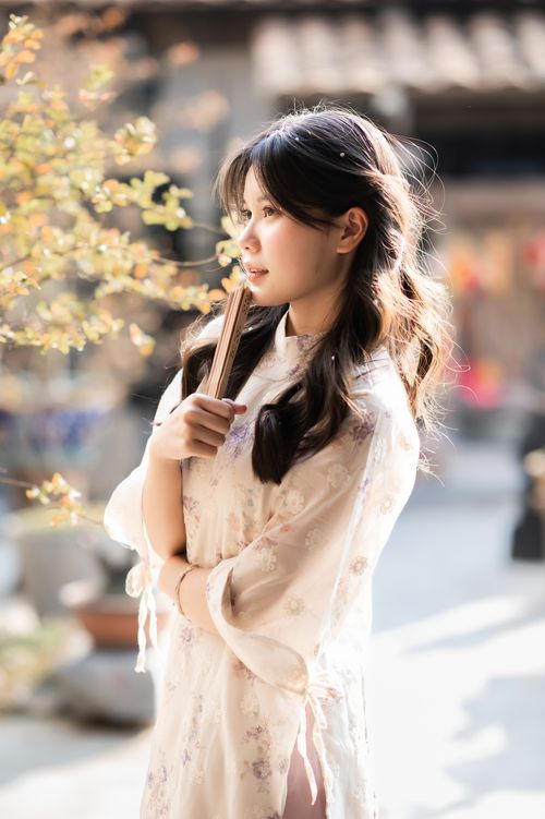 Free A young woman in traditional attire poses elegantly outdoors in Lạng Sơn, Vietnam. Stock Photo