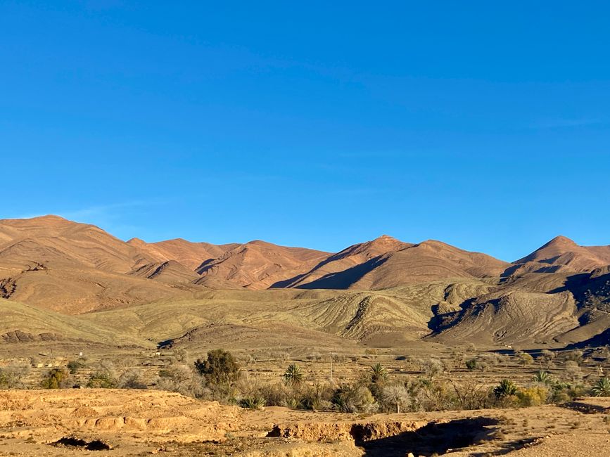 Captivating landscape of Taroudant's rocky mountains under a clear blue sky.