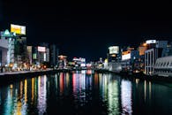 夜晚，五彩缤纷的城市灯光映照在河面上，捕捉着城市的夜生活