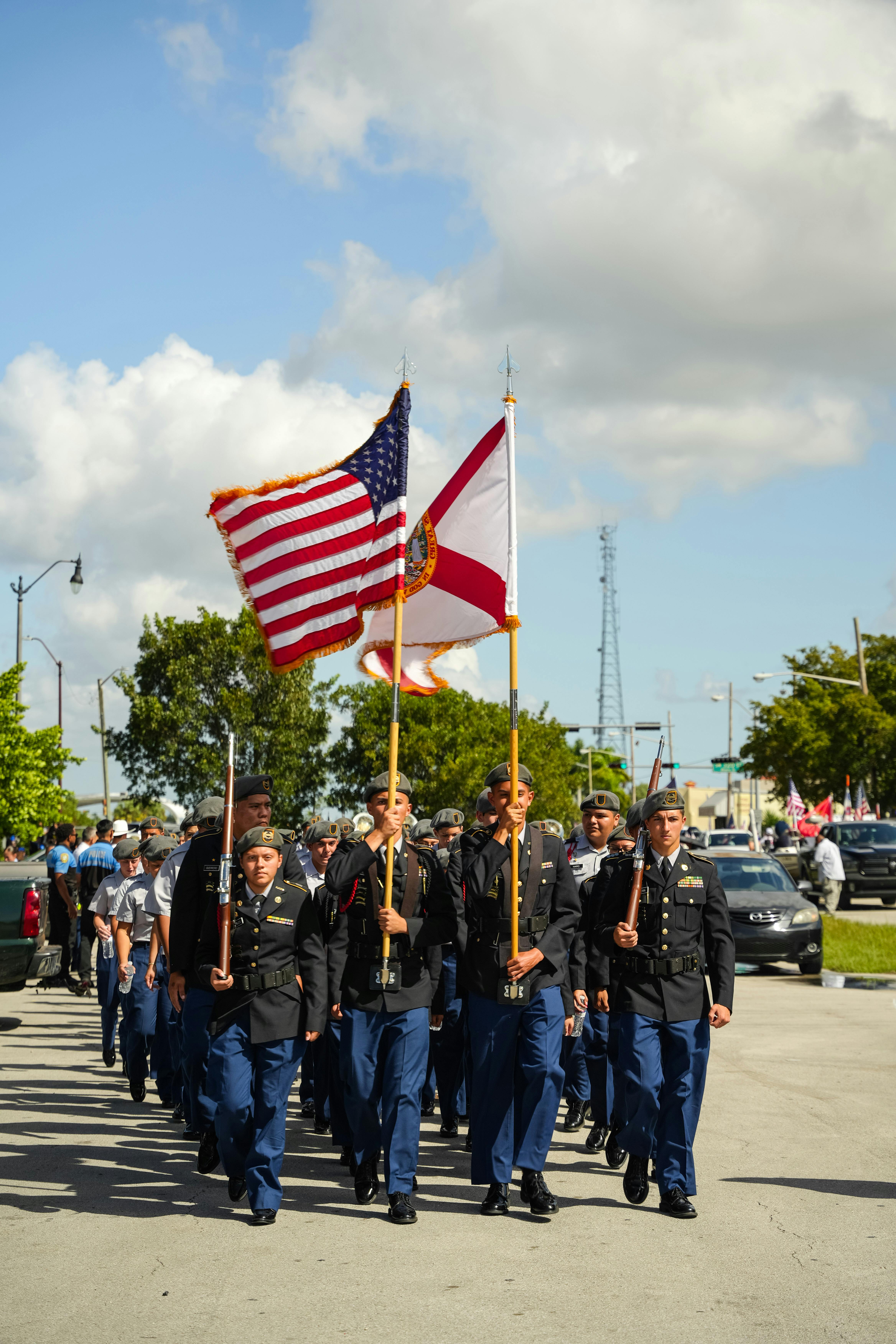 military parade with flags in miami