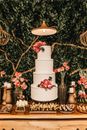 婚礼桌上装饰精美，摆着三层蛋糕、鲜花和甜点，气氛浪漫