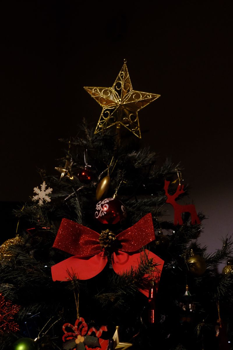 Festive Christmas tree with ornaments and a star topper