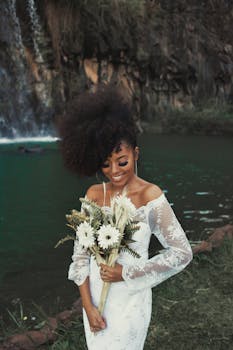 新娘身着优雅的白色礼服，手持花束，在瀑布旁微笑