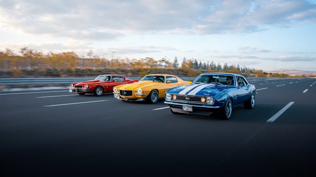 Three colorful classic muscle cars driving on a highway in Ankara, Türkiye.