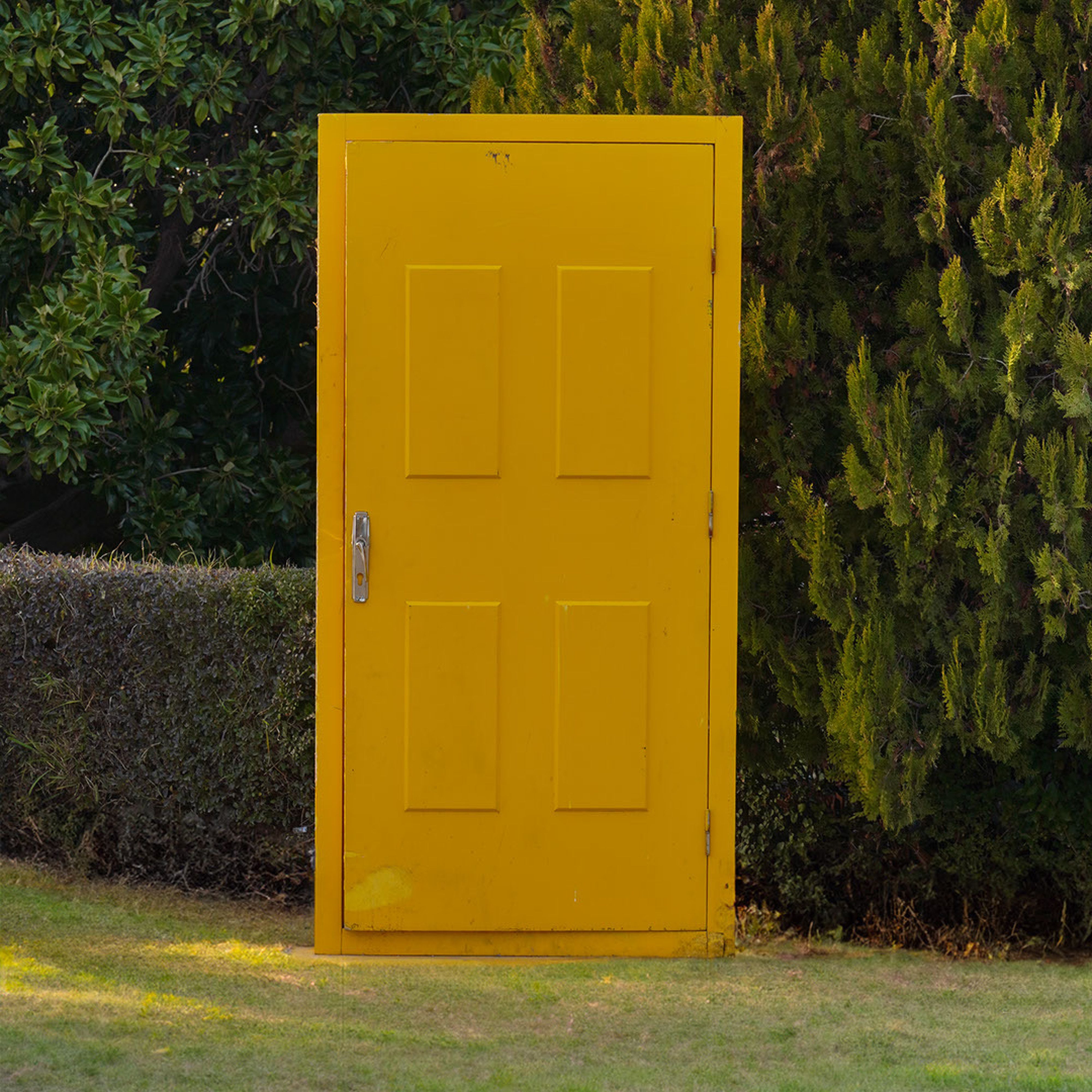 Bright yellow door standing amidst green hedges in a garden.