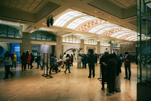 A bustling crowd enjoying the dinosaur exhibit at a Toronto museum, showcasing art and history.
