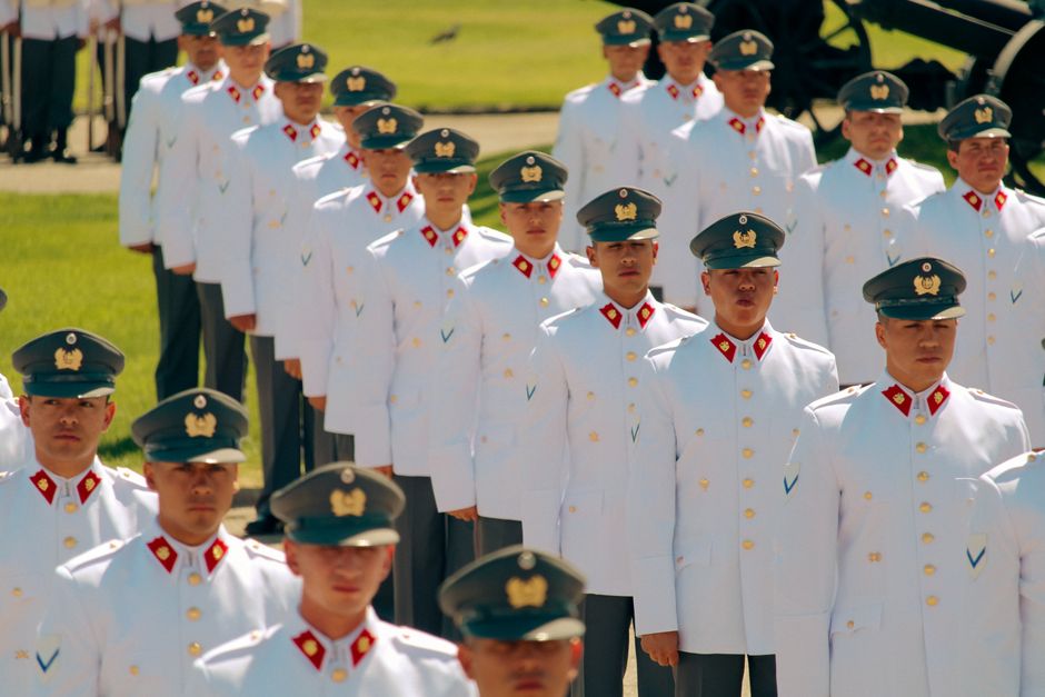 Chilean servicemen in ceremonial formation at military parade in Maipú, Chile.