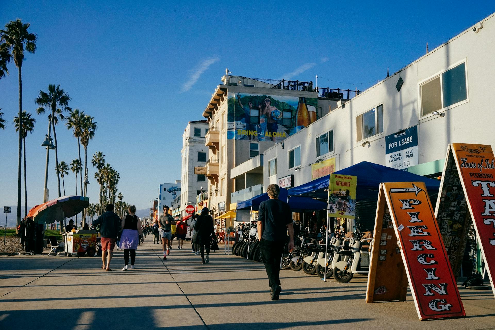 A vibrant day at Venice Beach with people strolling along the boardwalk under palm trees and blue skies.